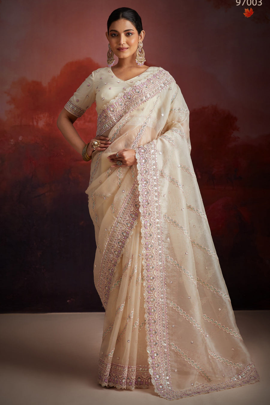 Cream Net Saree with Blouse For Indian Festival & Weddings - Thread Embroidery Work, Sequence Embroidery Work, Zarkan Embroidery Work