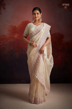 Cream Net Saree with Blouse For Indian Festival & Weddings - Thread Embroidery Work, Sequence Embroidery Work, Zarkan Embroidery Work