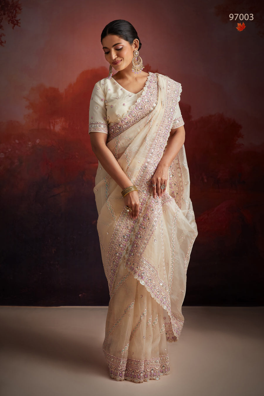 Cream Net Saree with Blouse For Indian Festival & Weddings - Thread Embroidery Work, Sequence Embroidery Work, Zarkan Embroidery Work