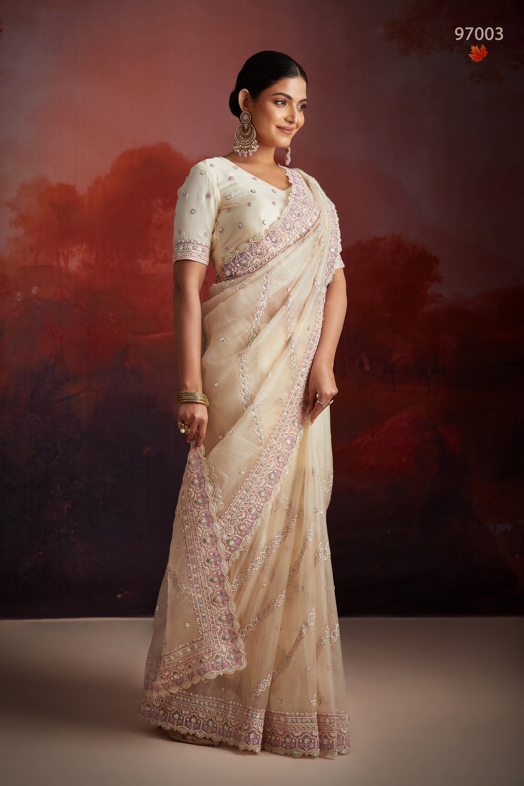 Cream Net Saree with Blouse For Indian Festival & Weddings - Thread Embroidery Work, Sequence Embroidery Work, Zarkan Embroidery Work