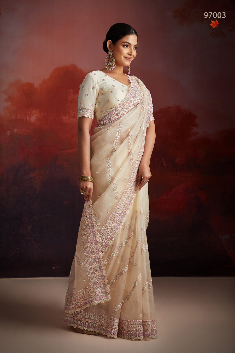 Cream Net Saree with Blouse For Indian Festival & Weddings - Thread Embroidery Work, Sequence Embroidery Work, Zarkan Embroidery Work
