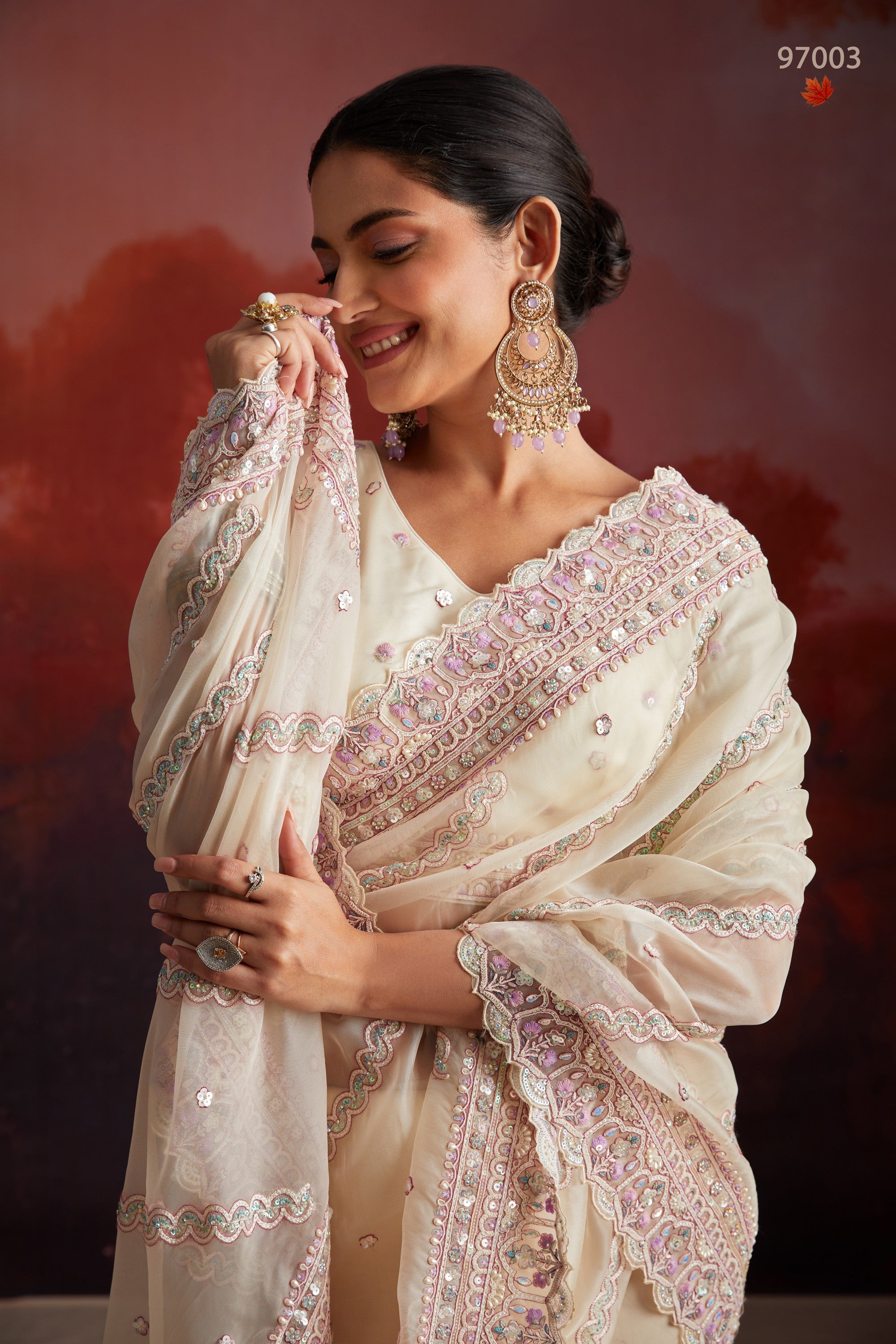 Cream Net Saree with Blouse For Indian Festival & Weddings - Thread Embroidery Work, Sequence Embroidery Work, Zarkan Embroidery Work