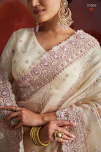 Cream Net Saree with Blouse For Indian Festival & Weddings - Thread Embroidery Work, Sequence Embroidery Work, Zarkan Embroidery Work