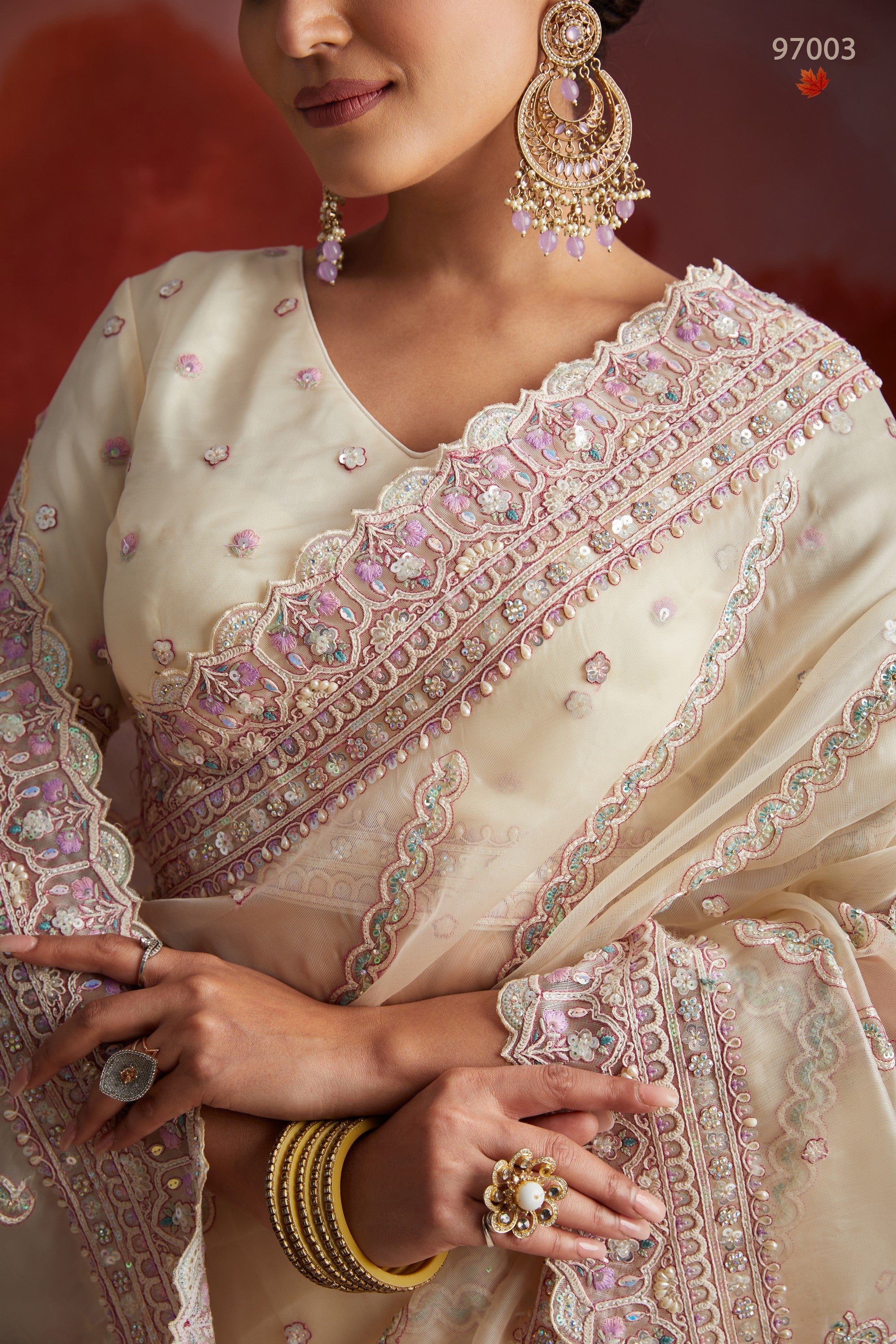 Cream Net Saree with Blouse For Indian Festival & Weddings - Thread Embroidery Work, Sequence Embroidery Work, Zarkan Embroidery Work