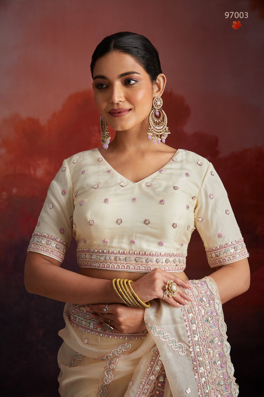 Cream Net Saree with Blouse For Indian Festival & Weddings - Thread Embroidery Work, Sequence Embroidery Work, Zarkan Embroidery Work