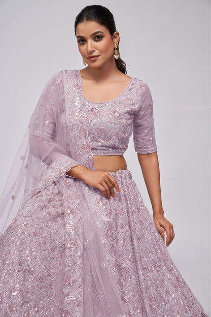 Light Purple Soft Net Lehenga Choli For Indian Festivals & Weddings - Sequins Work, Bead Work, Zarkan Work