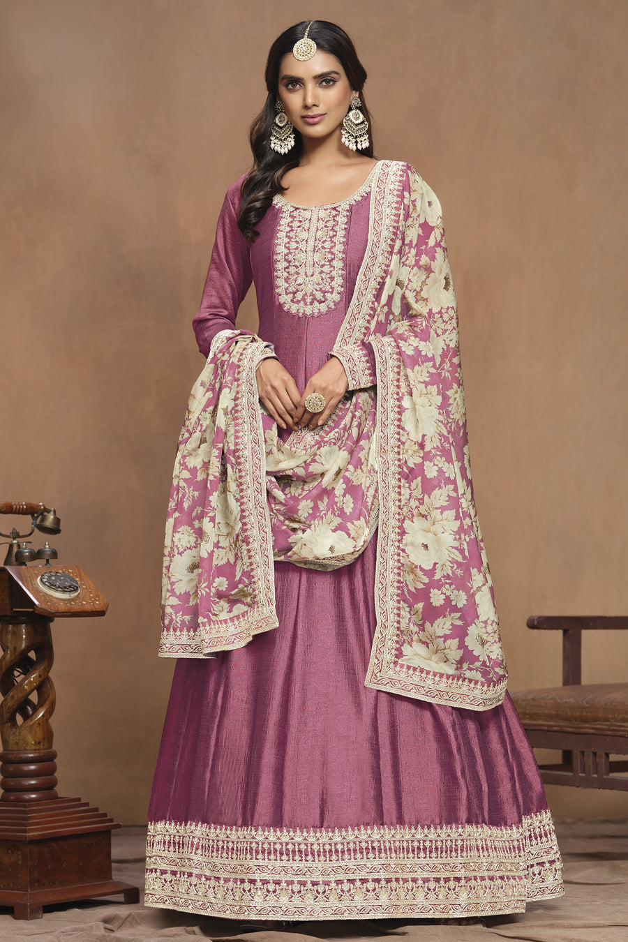 Pink Art Silk Long Anarkali Suit For Indian Festivals & Pakistani Weddings Dress - Embroidery Work