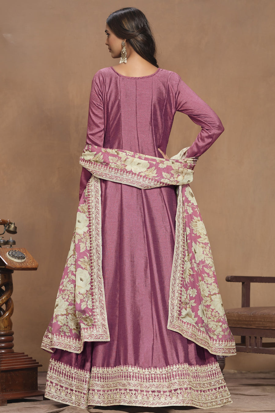Pink Art Silk Long Anarkali Suit For Indian Festivals & Pakistani Weddings Dress - Embroidery Work