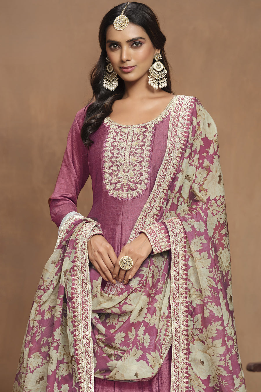Pink Art Silk Long Anarkali Suit For Indian Festivals & Pakistani Weddings Dress - Embroidery Work