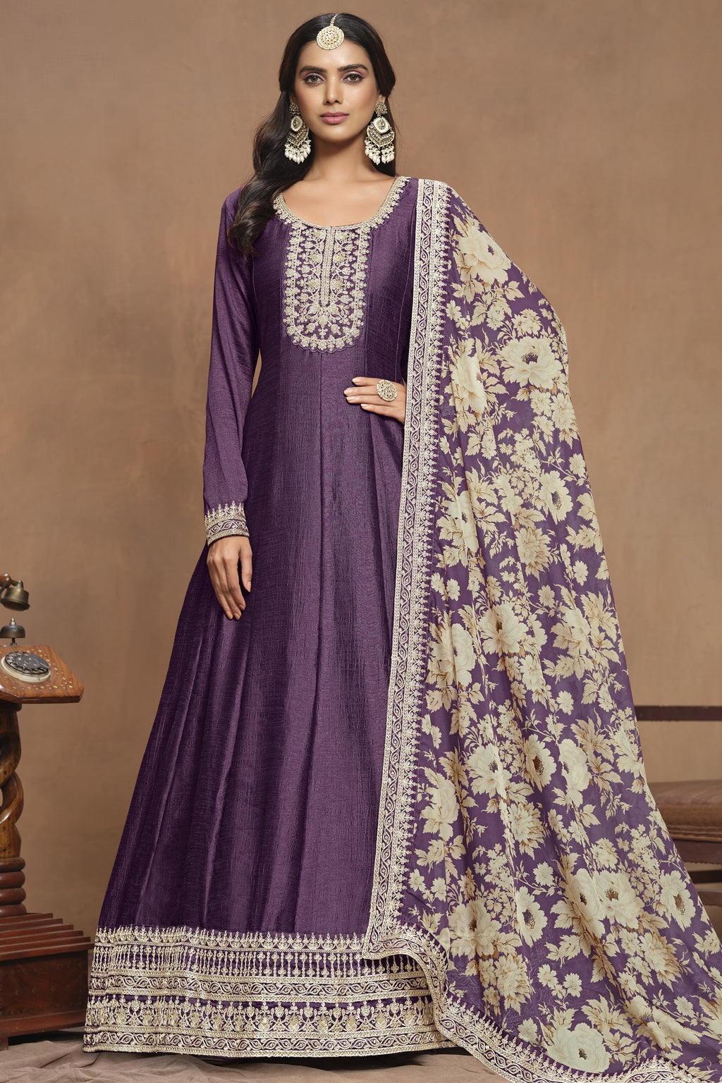 Purple Art Silk Long Anarkali Suit For Indian Festivals & Pakistani Weddings Dress - Embroidery Work