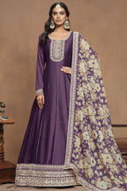Purple Art Silk Long Anarkali Suit For Indian Festivals & Pakistani Weddings Dress - Embroidery Work