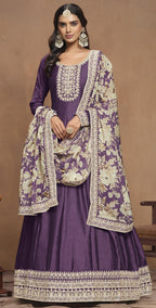 Purple Art Silk Long Anarkali Suit For Indian Festivals & Pakistani Weddings Dress - Embroidery Work