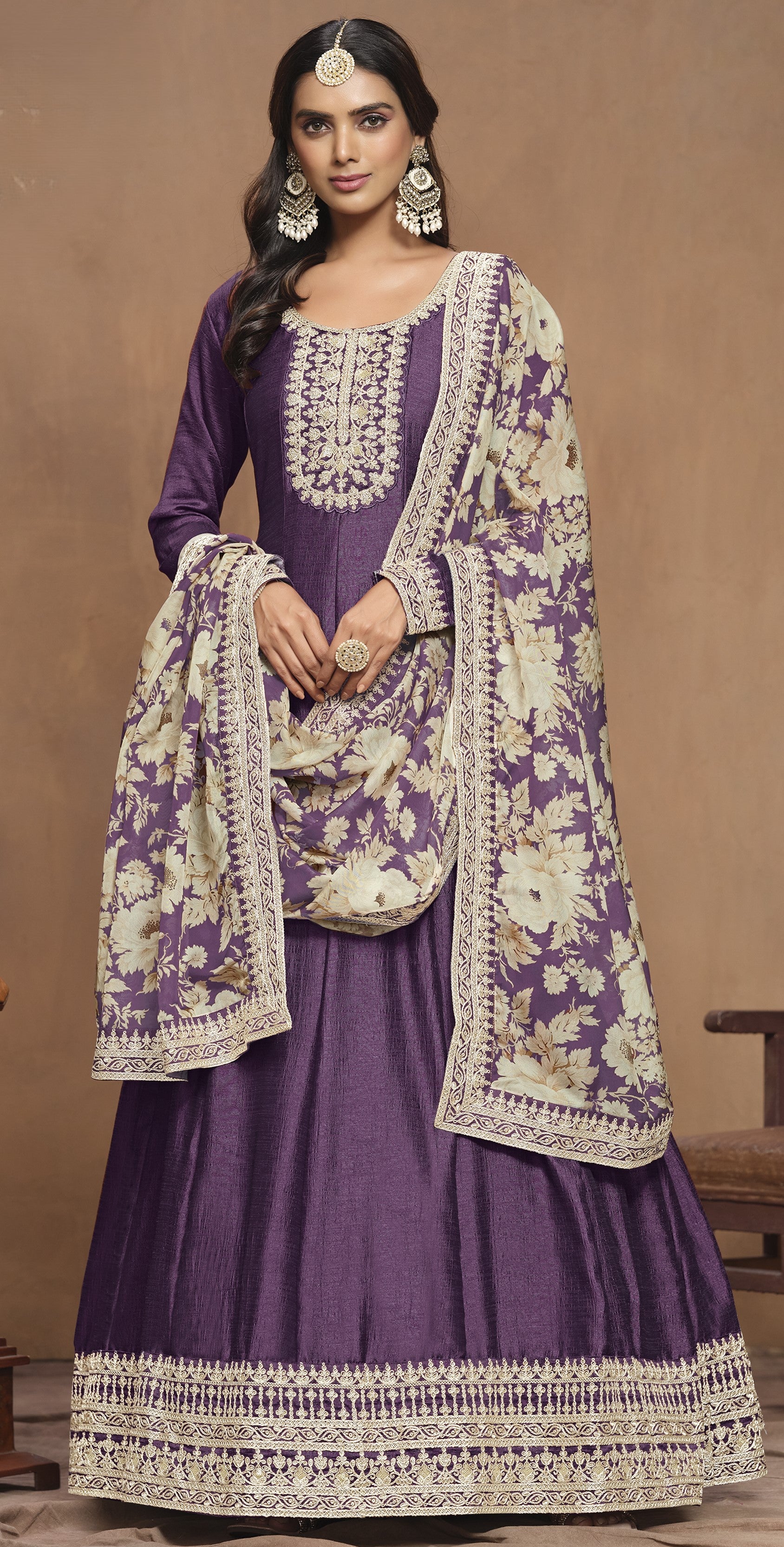 Purple Art Silk Long Anarkali Suit For Indian Festivals & Pakistani Weddings Dress - Embroidery Work