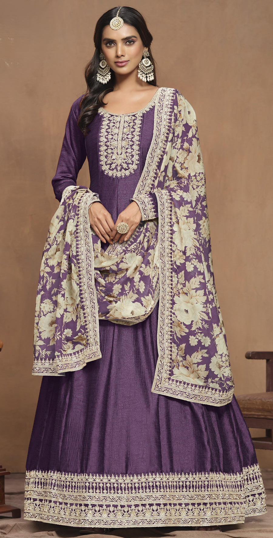 Purple Art Silk Long Anarkali Suit For Indian Festivals & Pakistani Weddings Dress - Embroidery Work