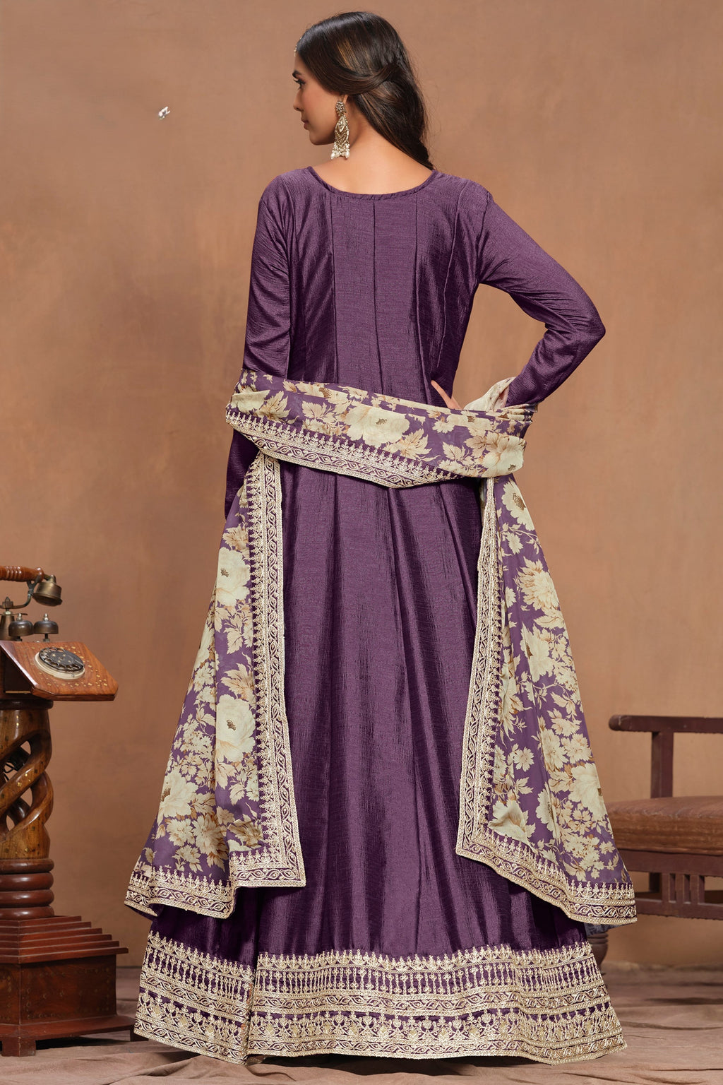 Purple Art Silk Long Anarkali Suit For Indian Festivals & Pakistani Weddings Dress - Embroidery Work
