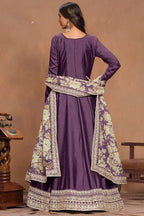 Purple Art Silk Long Anarkali Suit For Indian Festivals & Pakistani Weddings Dress - Embroidery Work