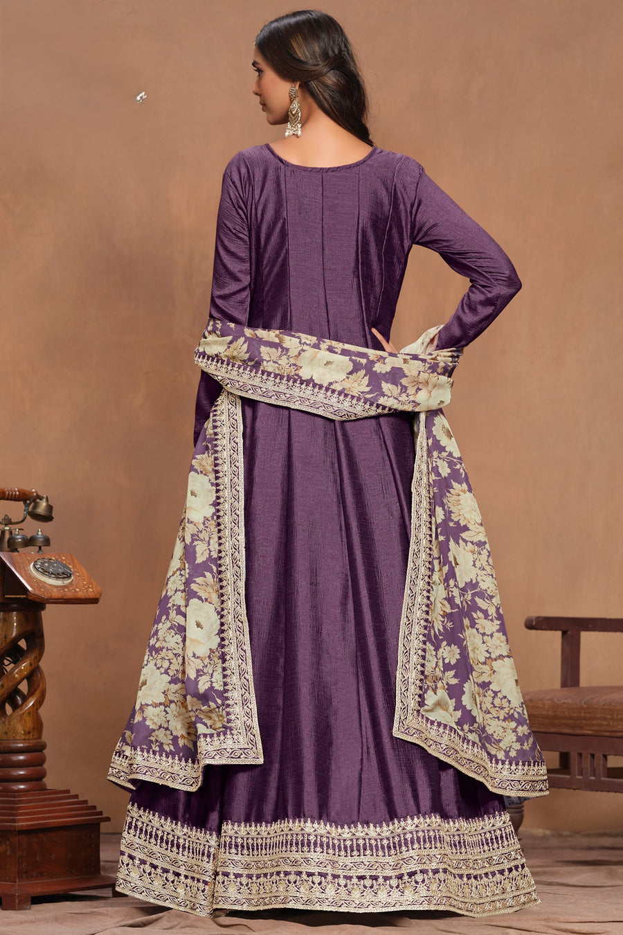 Purple Art Silk Long Anarkali Suit For Indian Festivals & Pakistani Weddings Dress - Embroidery Work