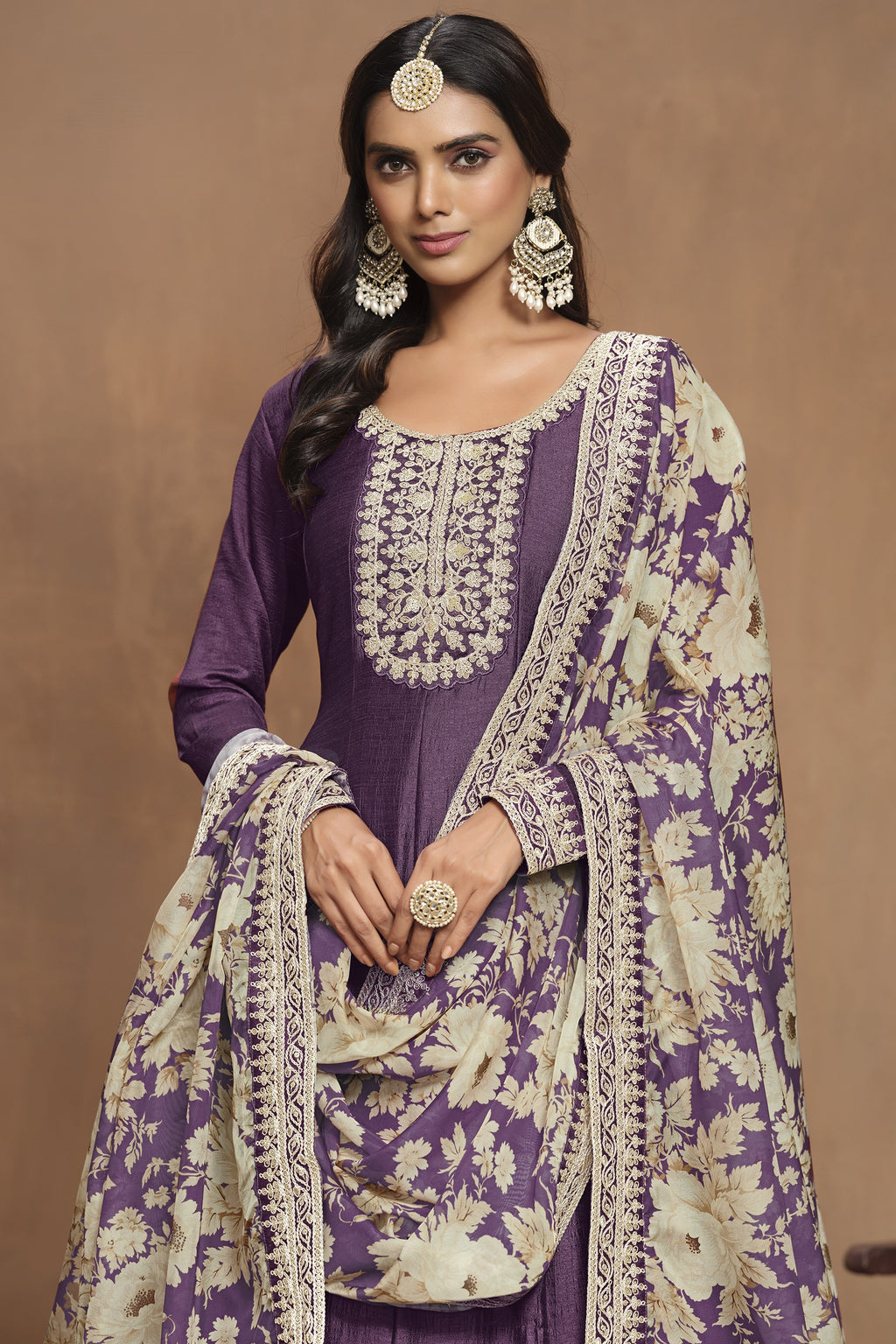 Purple Art Silk Long Anarkali Suit For Indian Festivals & Pakistani Weddings Dress - Embroidery Work