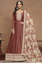 Light Brown Art Silk Long Anarkali Suit For Indian Festivals & Pakistani Weddings Dress - Embroidery Work
