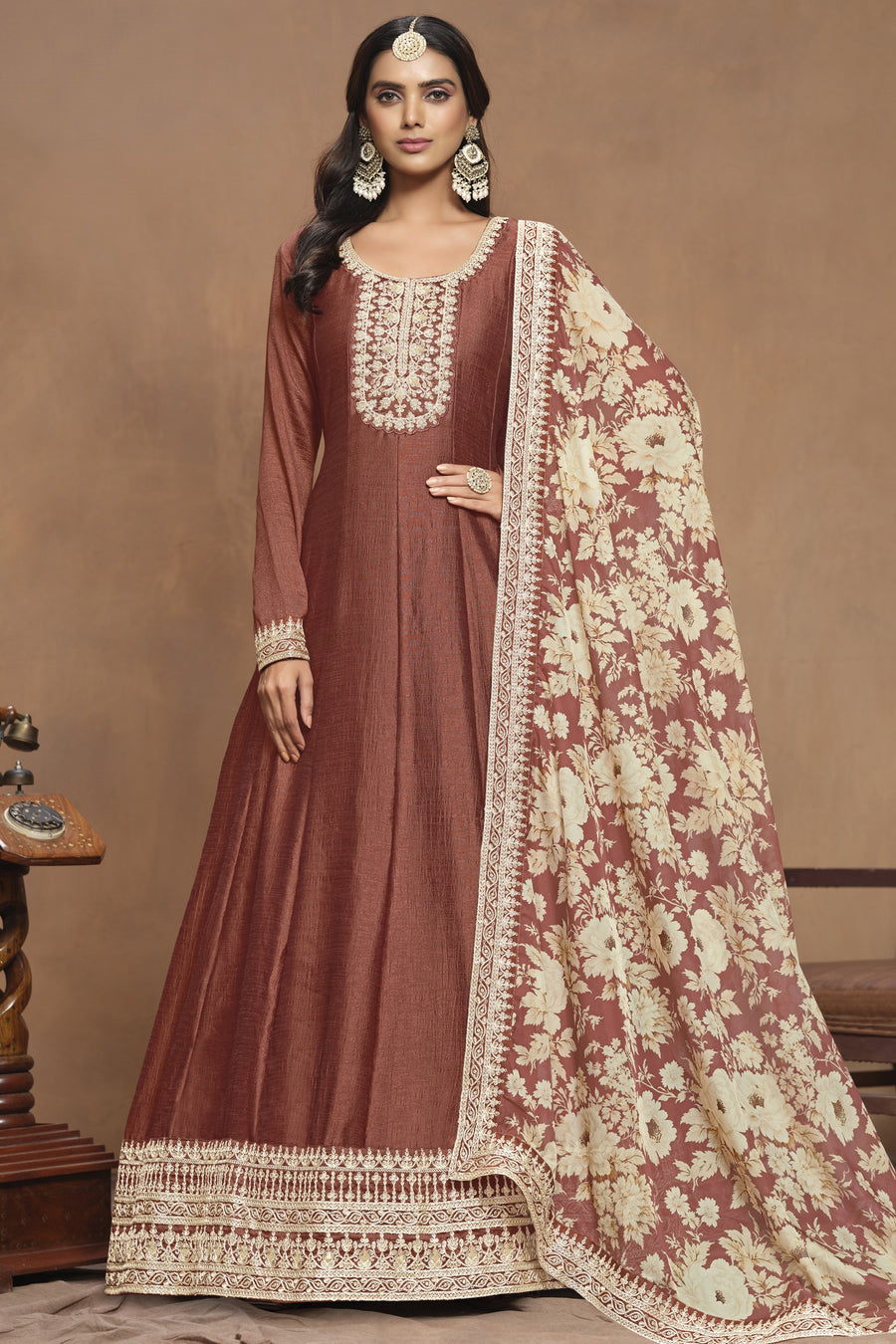 Light Brown Art Silk Long Anarkali Suit For Indian Festivals & Pakistani Weddings Dress - Embroidery Work