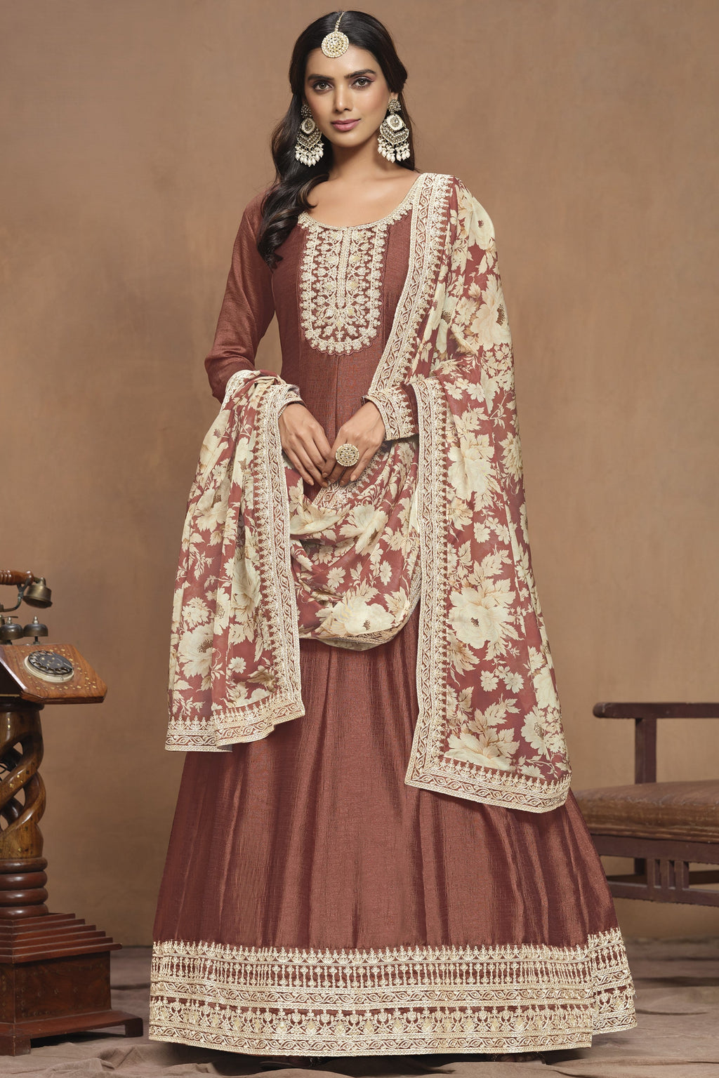 Light Brown Art Silk Long Anarkali Suit For Indian Festivals & Pakistani Weddings Dress - Embroidery Work