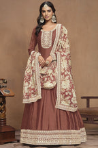 Light Brown Art Silk Long Anarkali Suit For Indian Festivals & Pakistani Weddings Dress - Embroidery Work
