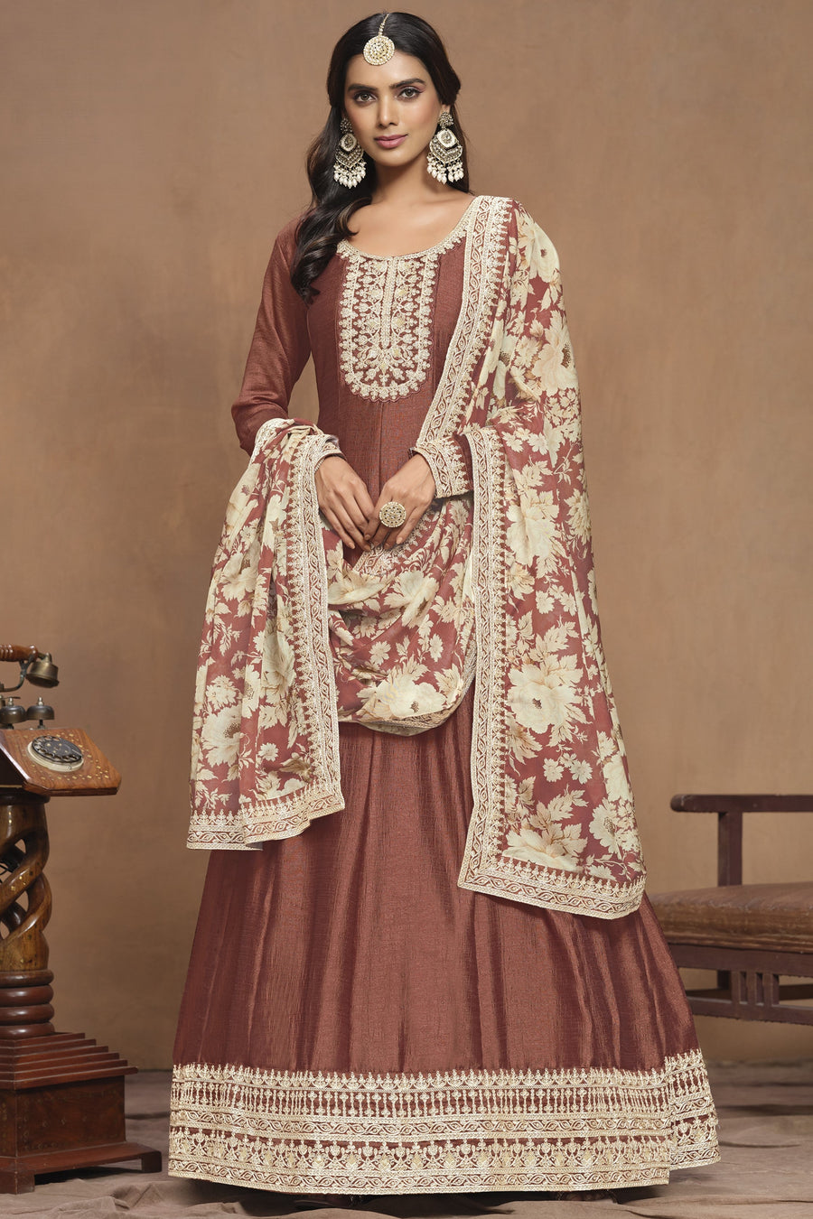 Light Brown Art Silk Long Anarkali Suit For Indian Festivals & Pakistani Weddings Dress - Embroidery Work
