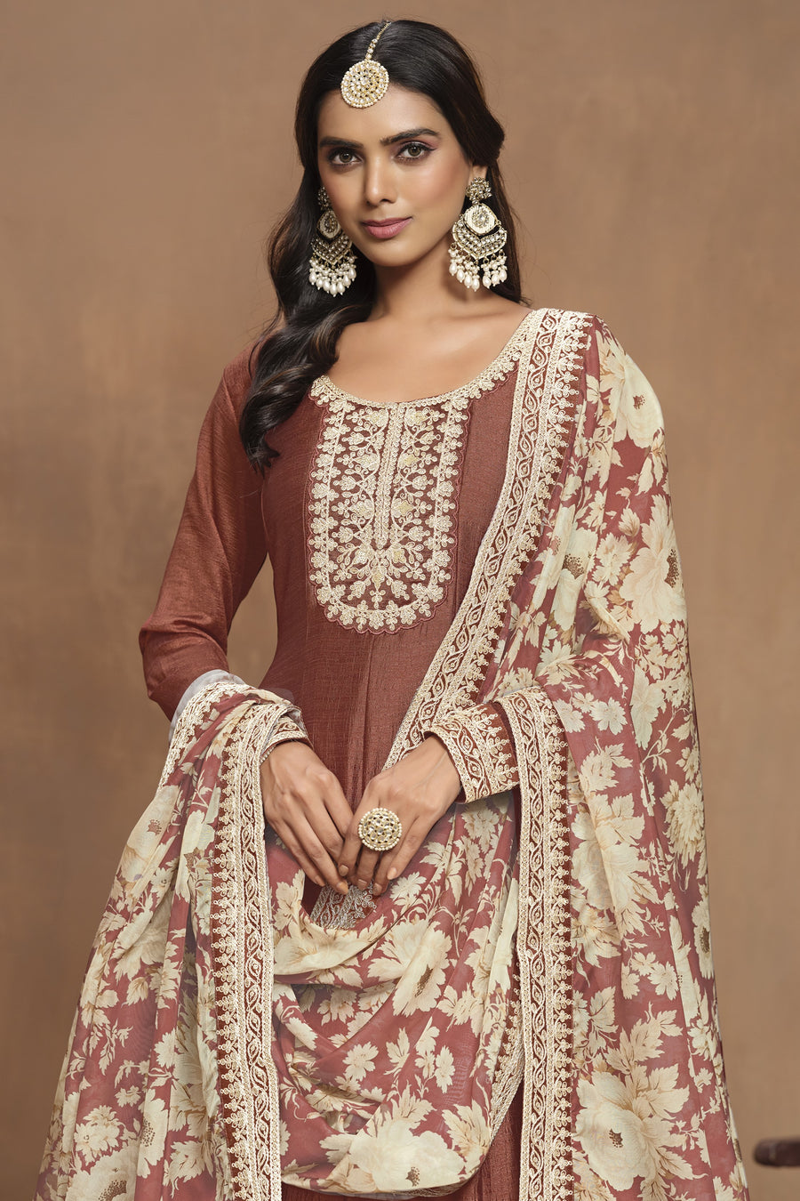 Light Brown Art Silk Long Anarkali Suit For Indian Festivals & Pakistani Weddings Dress - Embroidery Work