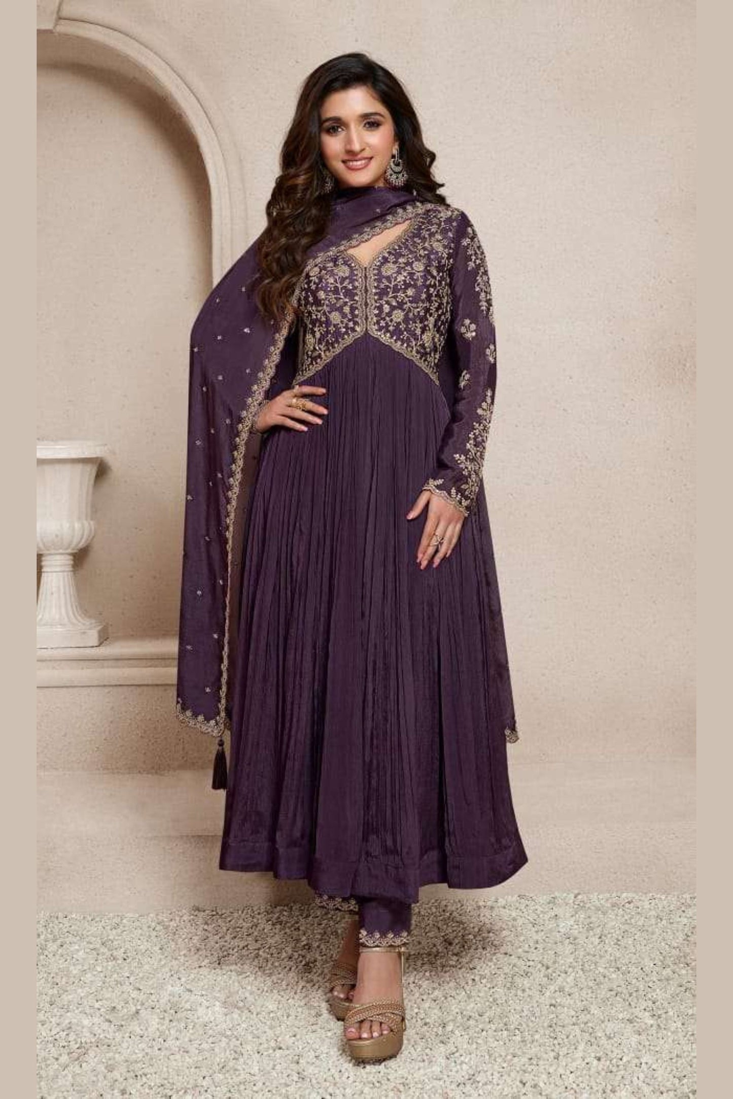 Wine Chinon Silk Anarkali Suit For Indian Festivals & Pakistani Weddings Dress - Embroidery Work