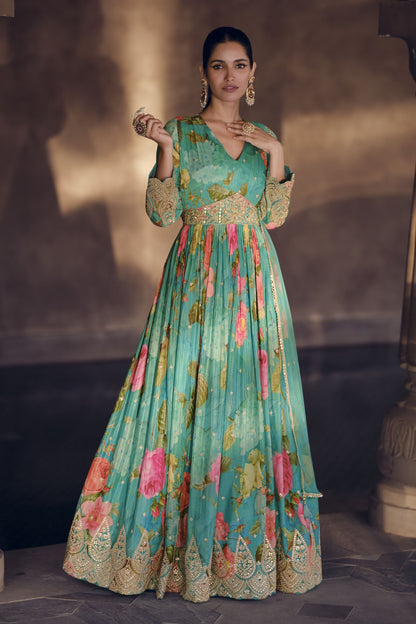 Green Georgette Floor Full Length Flower Printed Anarkali Gown For Indian Festivals & Weddings - Embroidery Work, Print Work