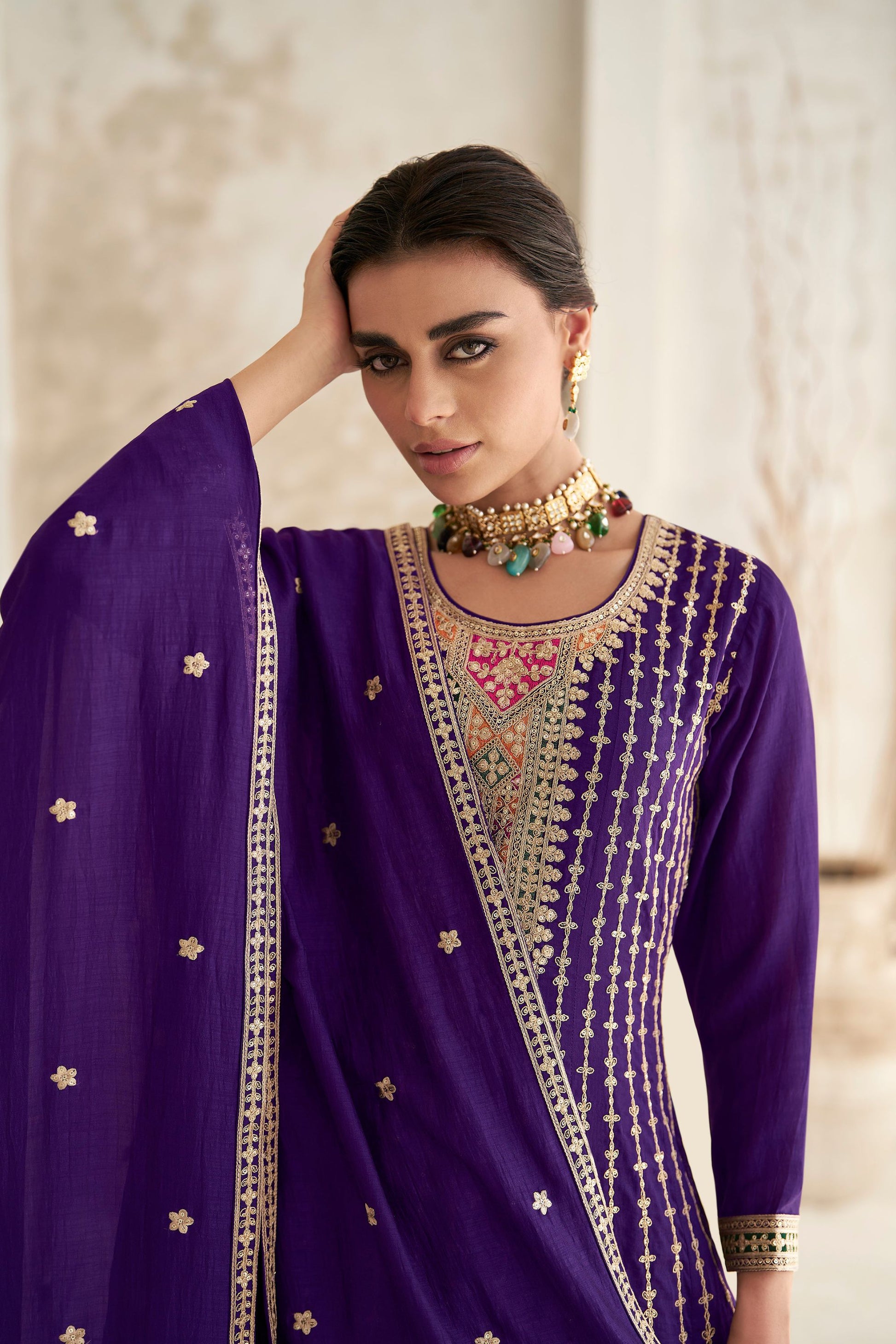 Purple Pakistani Silk Salwar Kameez with Pant For Indian Festivals & Weddings - Thread Embroidery Work