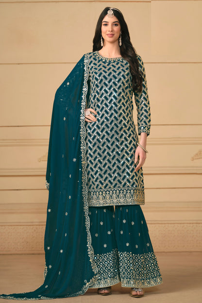 Teal Georgette Sharara Suit Dress For Indian Festivals & Weddings - Embroidery Work