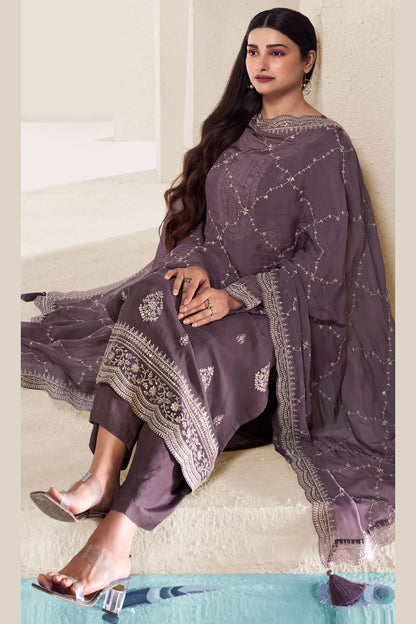 Grey Organza Kameez with Pant For Indian Suit Festivals & Weddings - Thread Embroidery Work