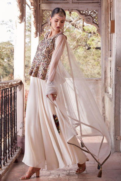 Off White Georgette Long Top Palazzo Suit For Indian Weddings & Festivals - Thread & Sequence Embroidery Work, Zari Work