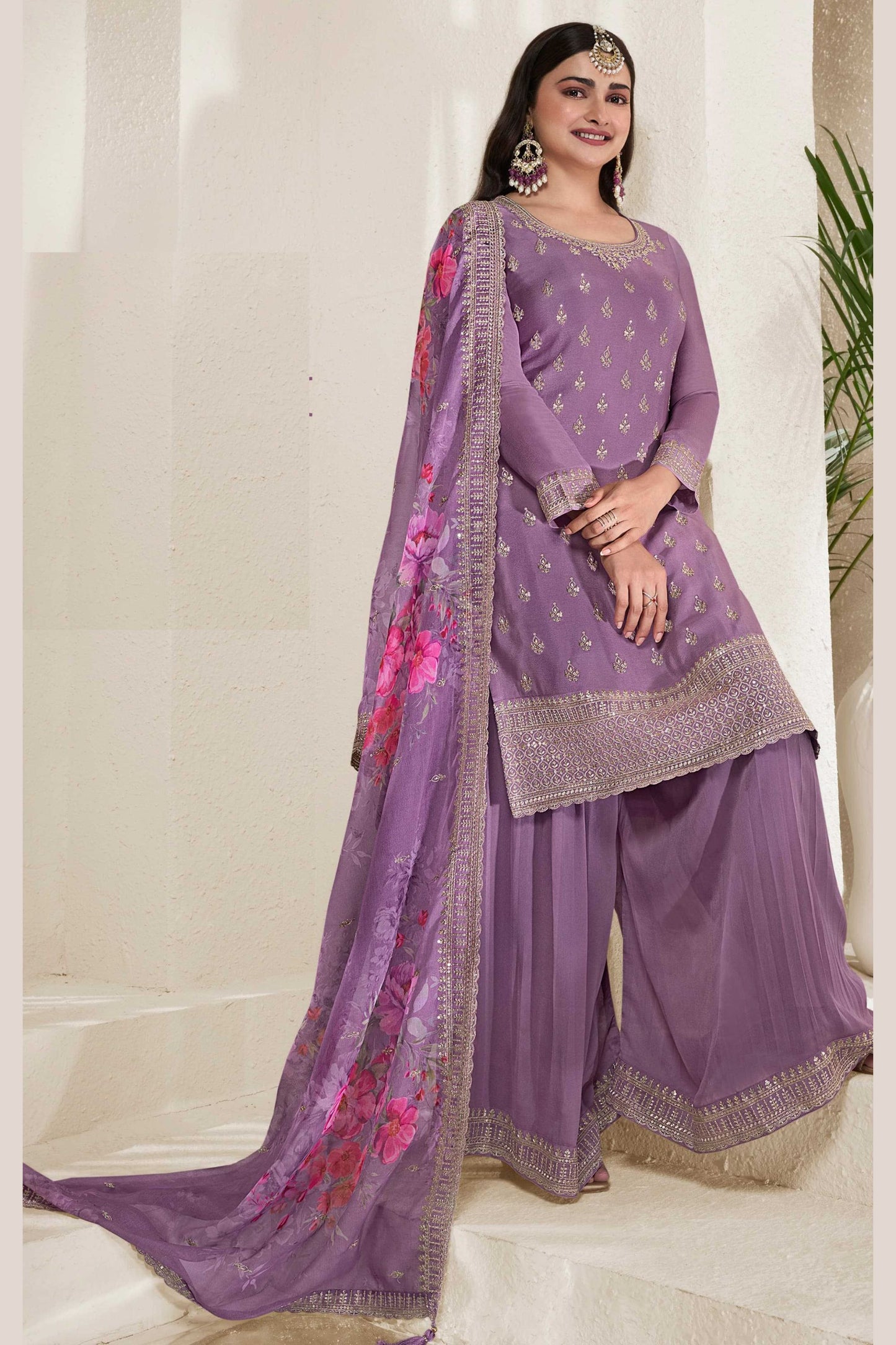 Violet Chinon Silk Palazzo Suit For Indian Festivals & Pakistani Plazo Weddings Dress - Embroidery Work, Print Work