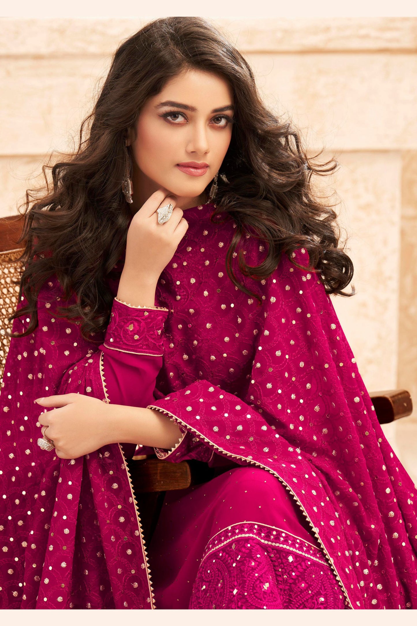 Dark Pink Georgette Kameez with Pant For Indian Suit Festivals & Weddings - Embroidery Work