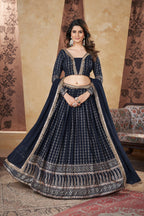 Navy Blue Georgette Lehenga Choli For Indian Festivals & Weddings - Thread Embroidery Work, Foil Mirror Work