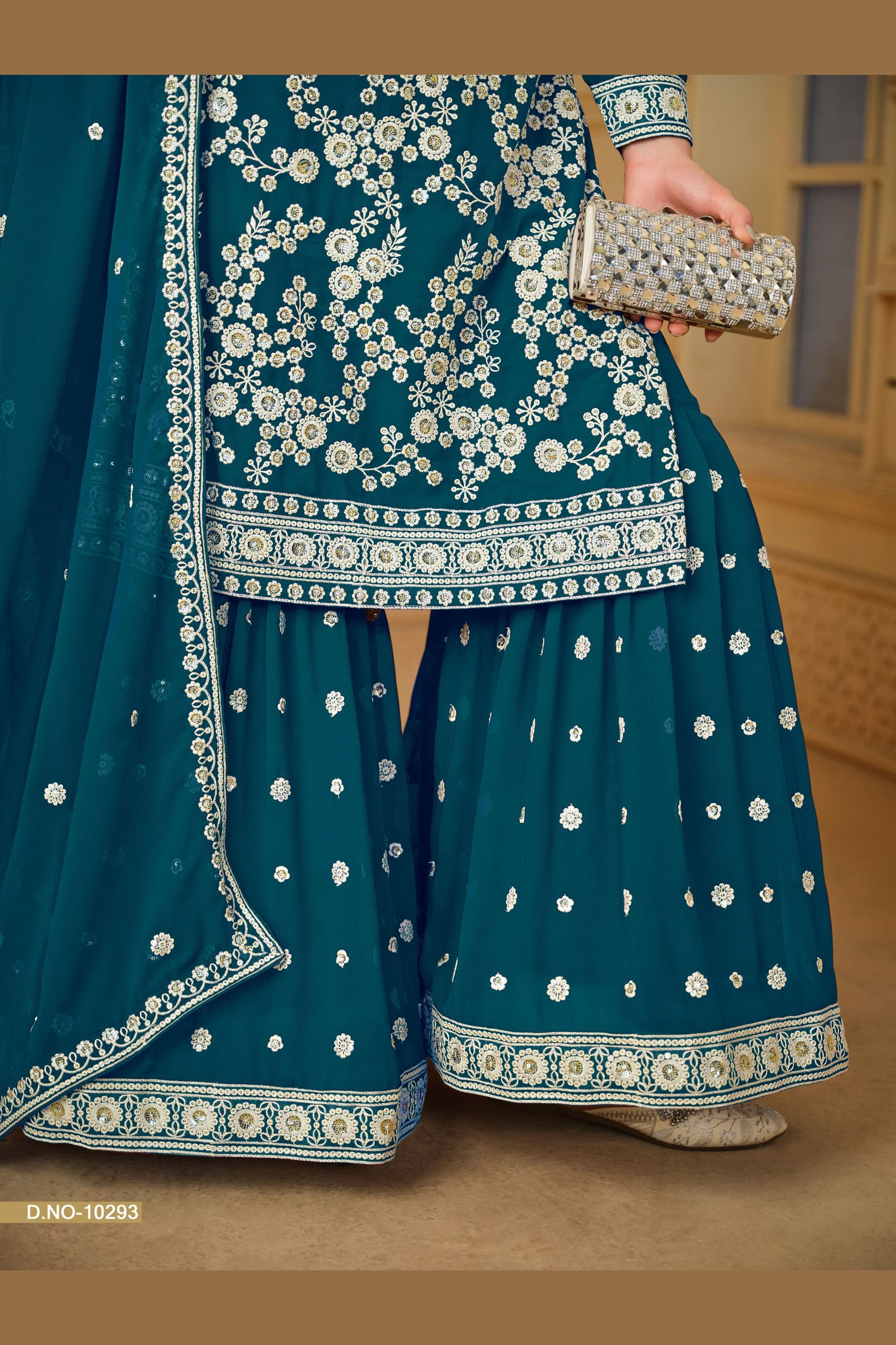 Teal Georgette Sharara Suit For Indian Festivals & Pakistani Weddings - Thread Embroidery Work, Sequence Embroidery Work