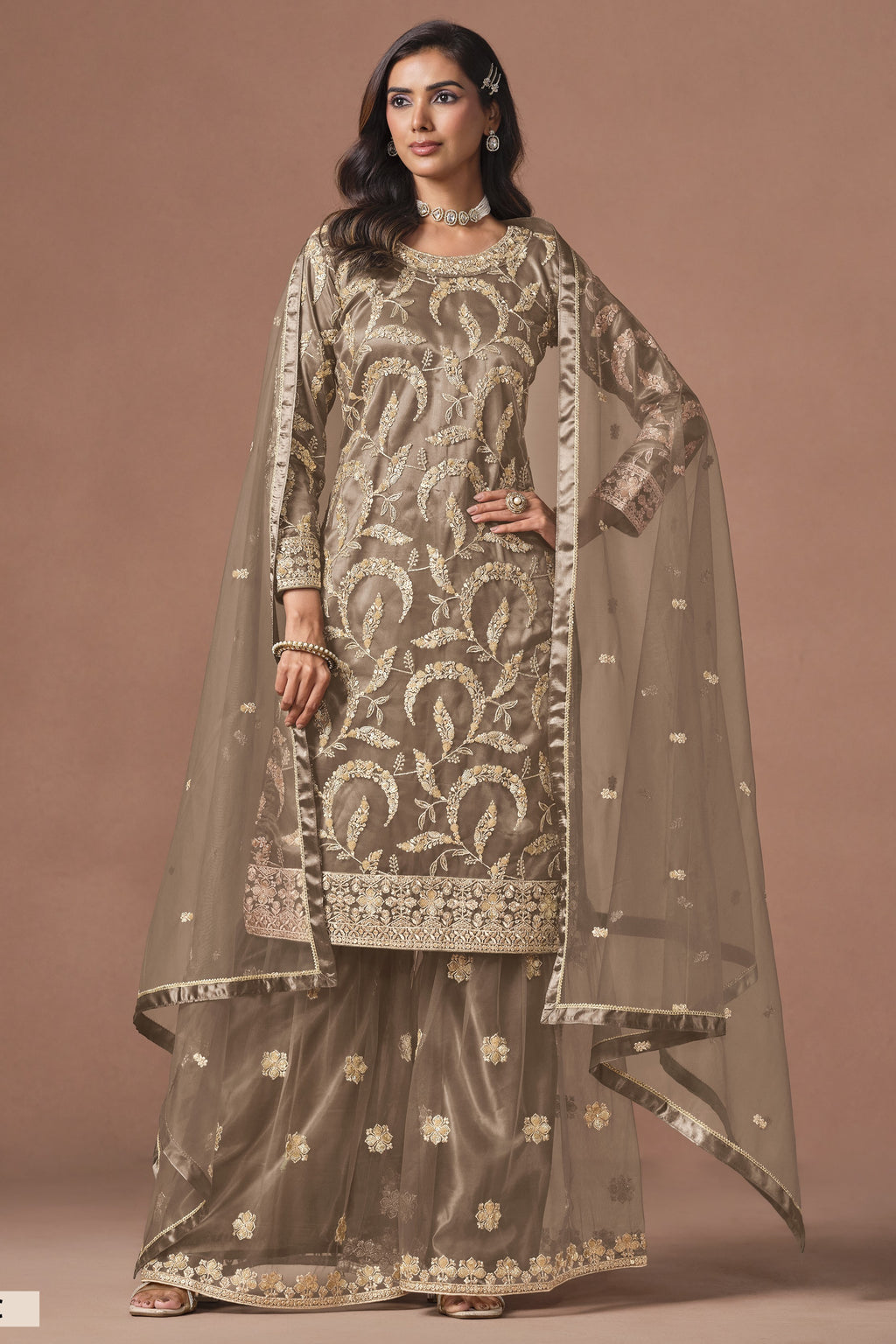 Light Brown Ladies Dress For Engagement - Sharara Suit With Embroidery
