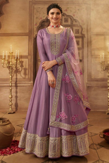 Purple Dola Silk Full Floor Length Anarkali Suit For Indian Festivals & Pakistani Wedding - Embroidery Work