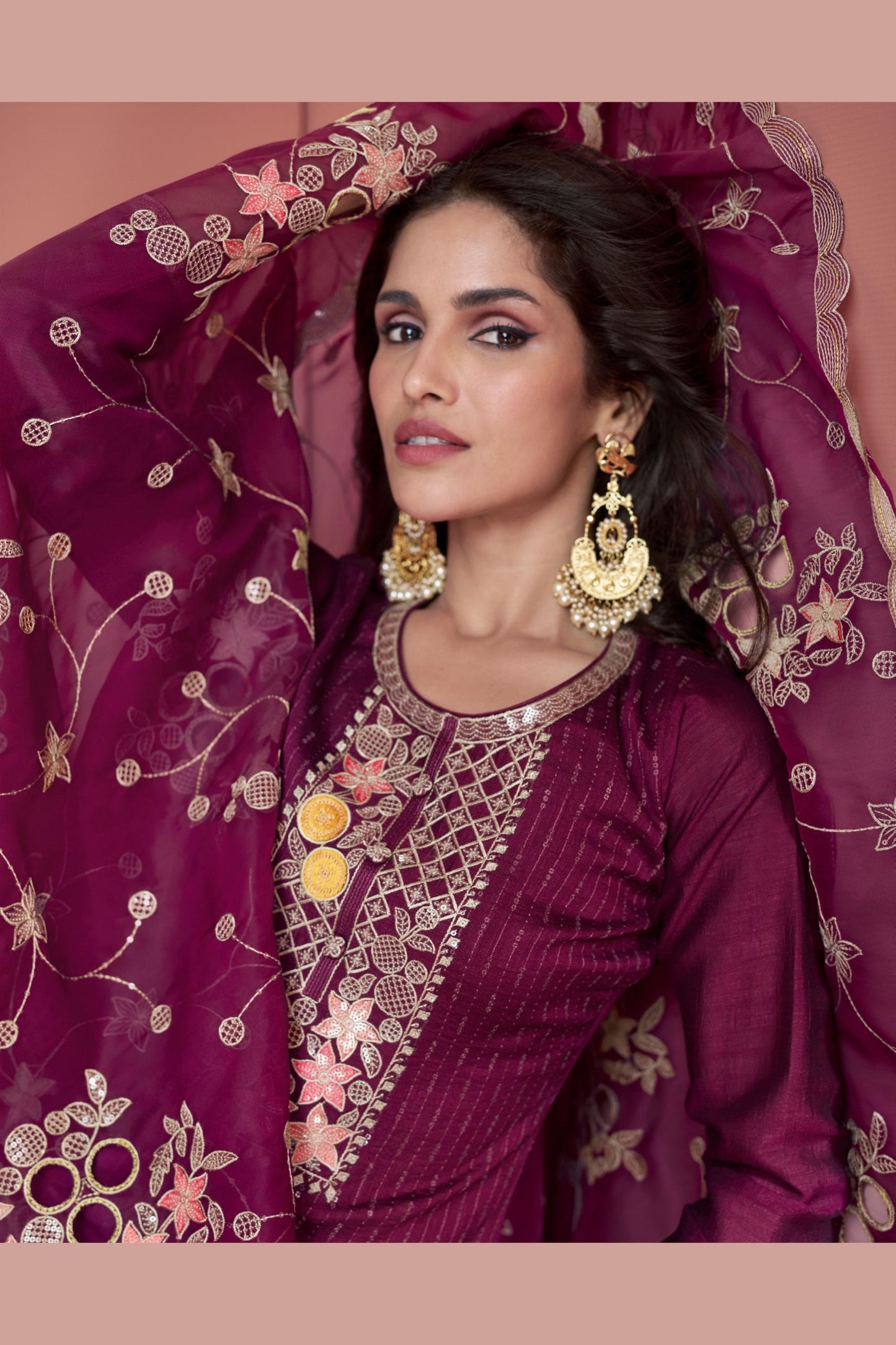 Maroon Silk Salwar Kameez Suit For Indian Festivals & Pakistani Weddings - Thread Embroidery Work