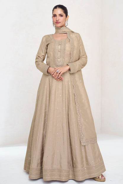 Beige Silk Anarkali Gown Suit For Indian Festivals & Weddings - Embroidery Work