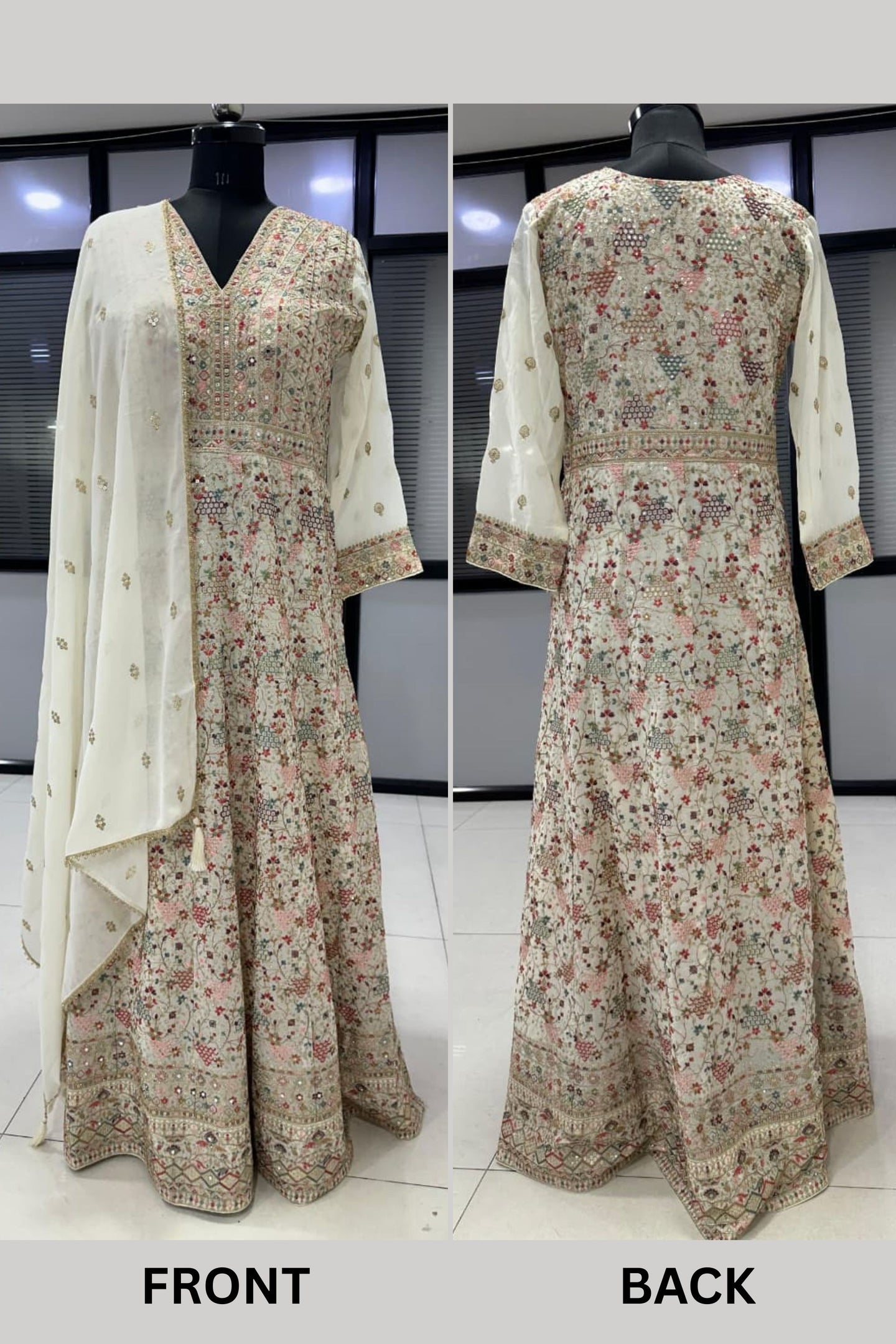 Cream Anarkali Dress for Sangeet in Georgette with Resham & Zari Embroidery