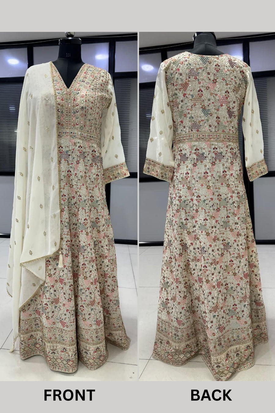 Cream Anarkali Dress for Sangeet in Georgette with Resham & Zari Embroidery