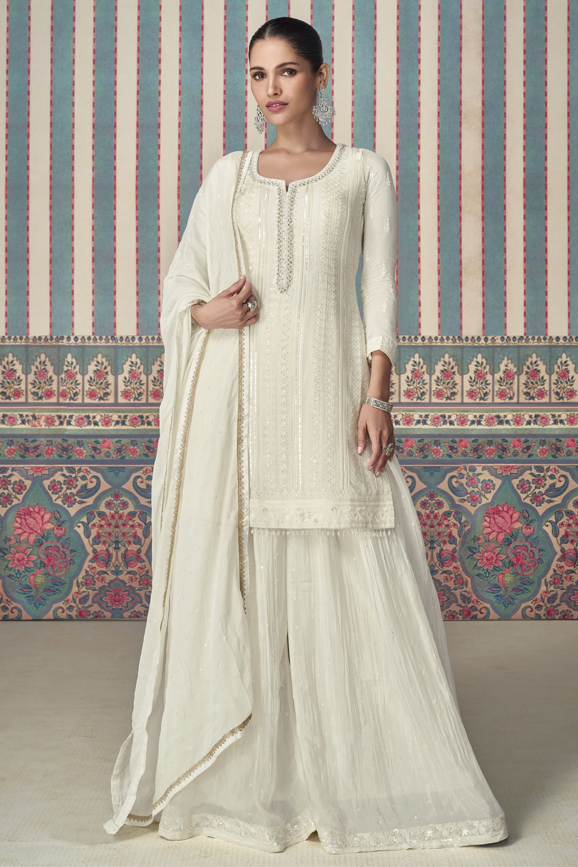 White Chinon Silk Plazo Suits for Indian Festival & Pakistani Wedding - Embroidery Work