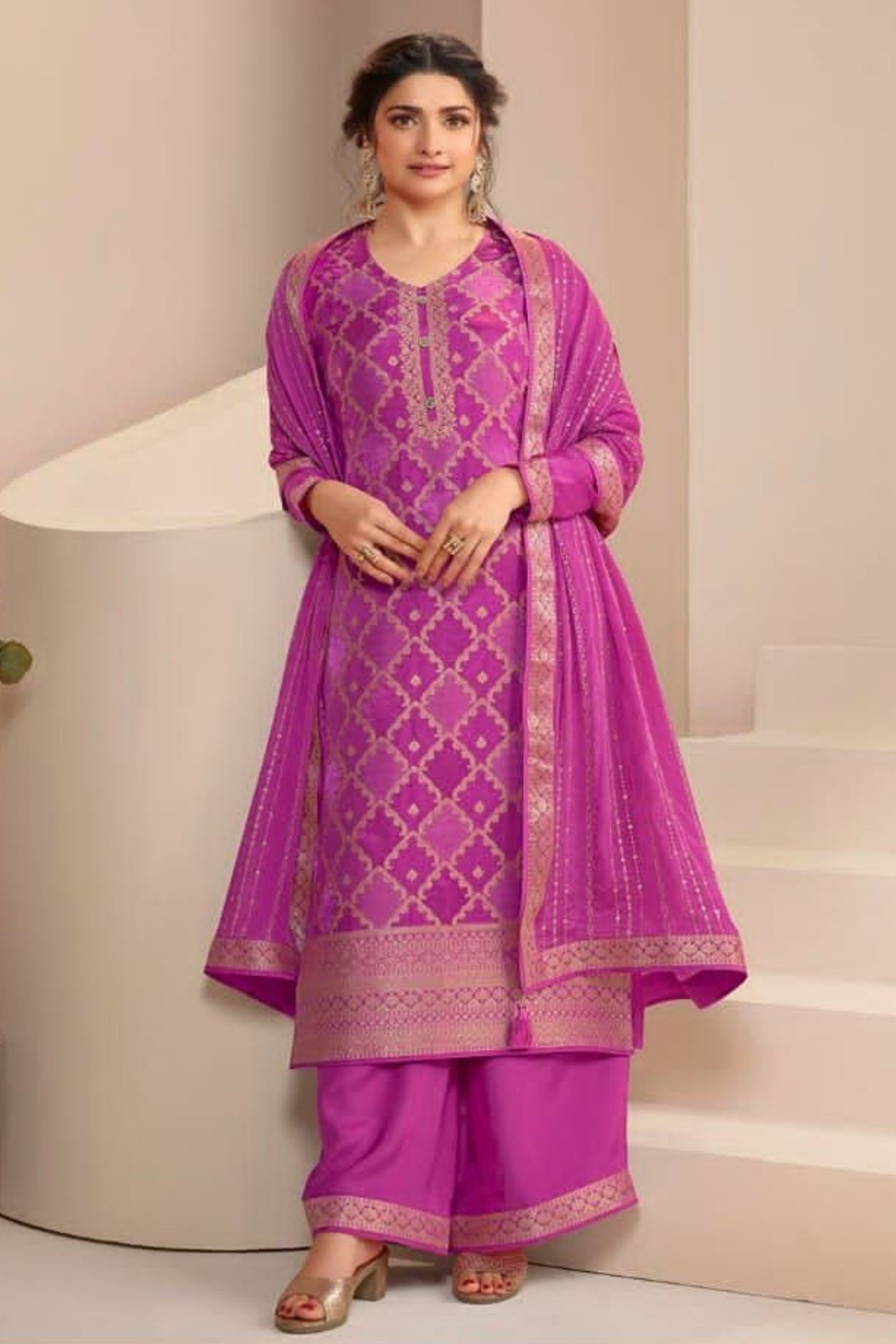 Magenta Zari Dola Jacquard Salwar Kameez Suit For Indian Festivals & Pakistani Weddings Dress