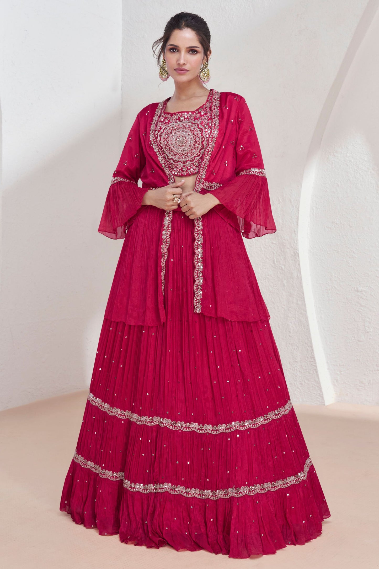 Reddish Pink Georgette Lehenga Choli with Koti For Wedding & Indian Festival - Embroidery Work