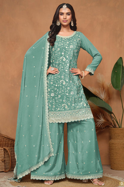 Turquoise Chinon Silk Palazzo Suit For Indian Festivals & Weddings - Embroidery Work