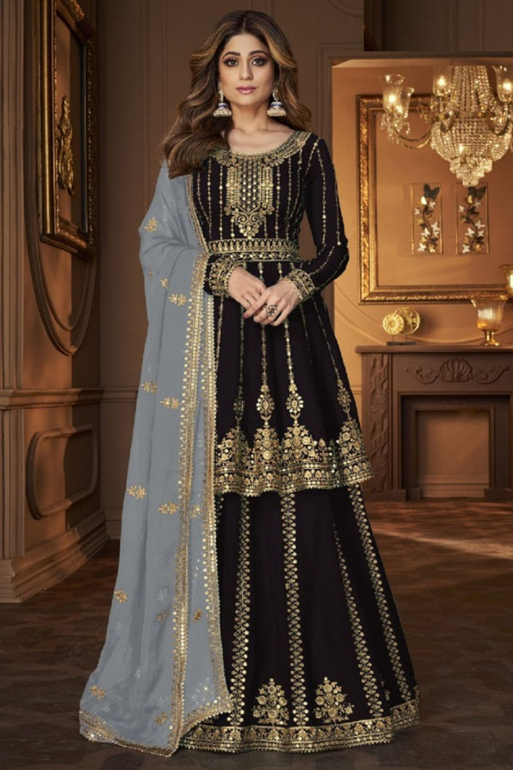 Black Georgette Salwar Kameez Lengha Suit For Indian Wedding & Festival - Embroidery Sequence Work