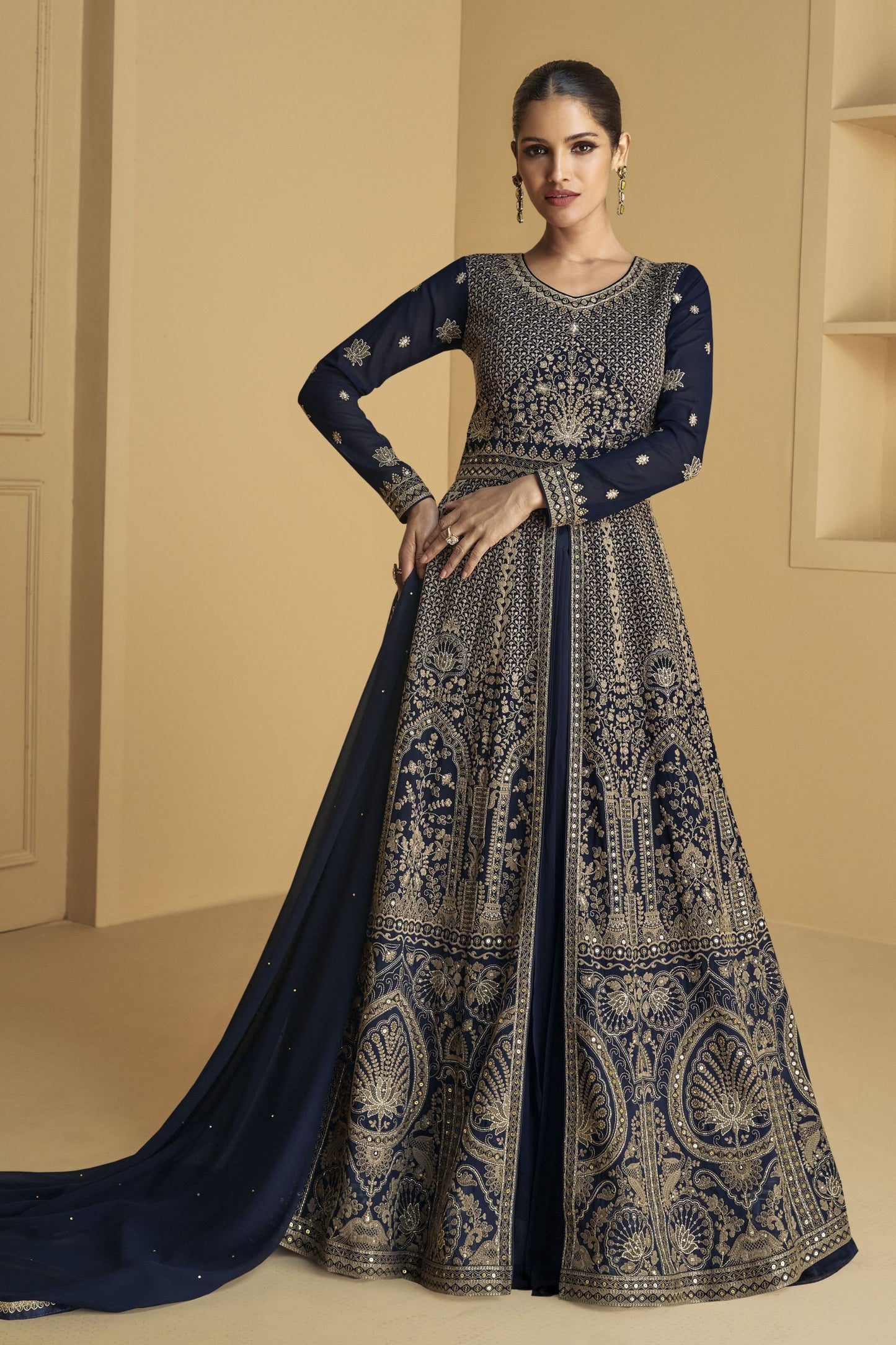 Blue Georgette Floor Full Length Anarkali Gown For Indian Festivals & Weddings - Embroidery Work